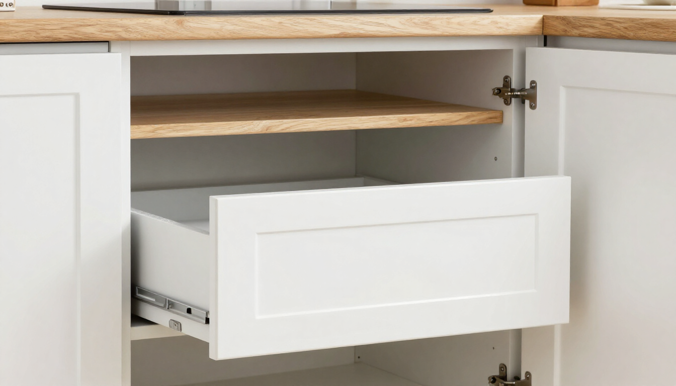 Open white kitchen cabinet with a pull-out drawer and wooden shelves inside