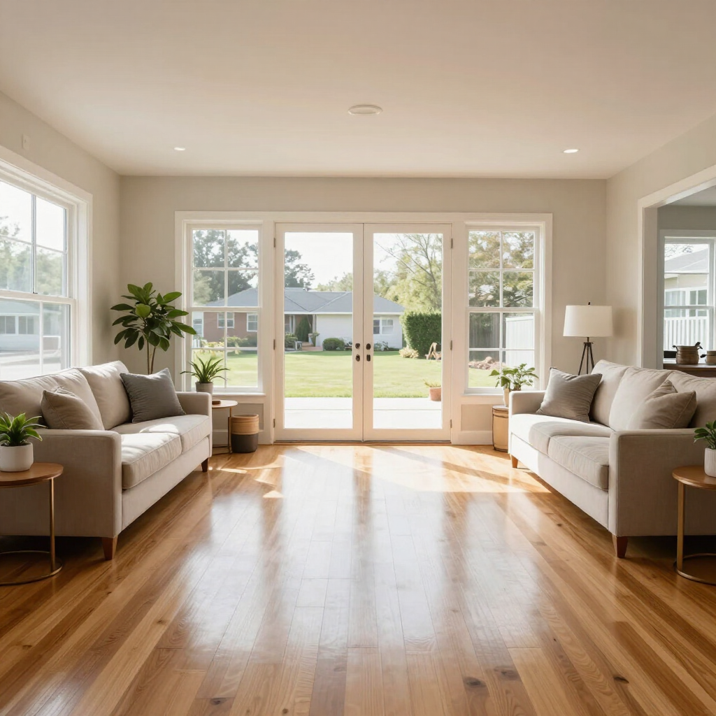 Bright modern living room with two sofas, hardwood floors, and glass doors opening to a sunny yard