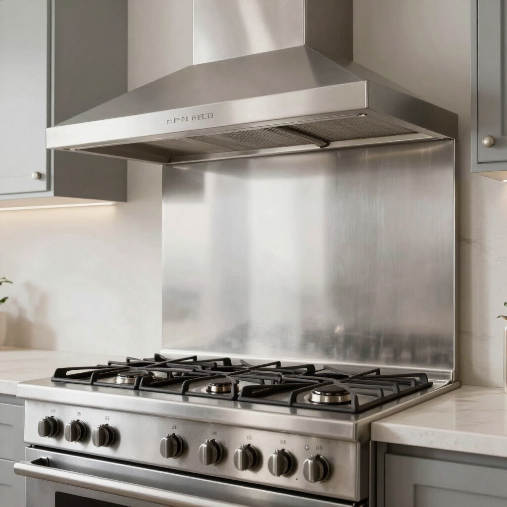 Stainless steel gas range with oven and matching hood in a modern kitchen