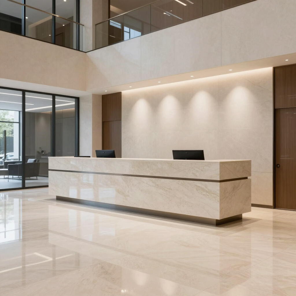 Modern office lobby with a white marble reception desk and polished floor under warm lighting