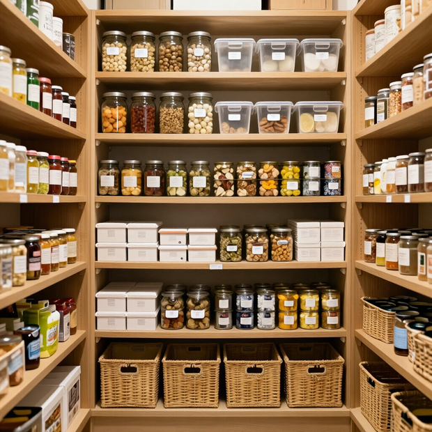 Wooden pantry shelves stocked with jars, tins, and baskets in a neatly organized store aisle