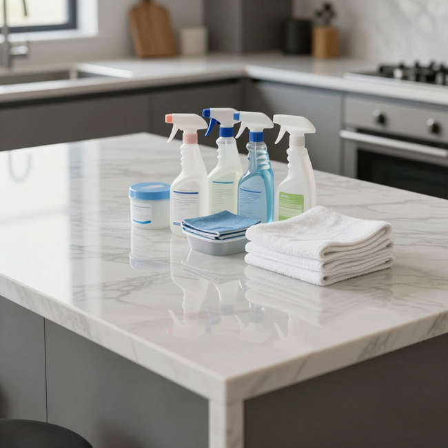Cleaning supplies and folded towels arranged on a white kitchen island countertop.