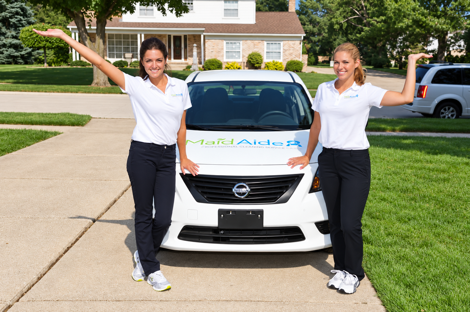Two people standing beside a white car on a suburban driveway, waving with arms raised.