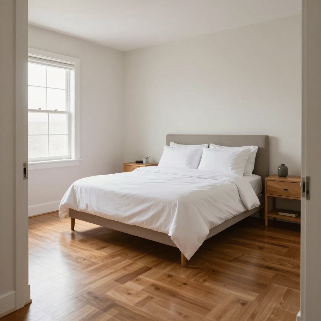 Bright minimalist bedroom with a white bed, wooden nightstands, and a window on the left.