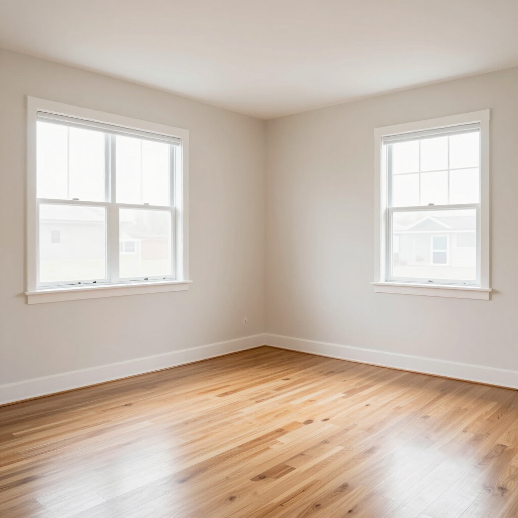 Bright empty room with light wood floors and two windows on beige walls