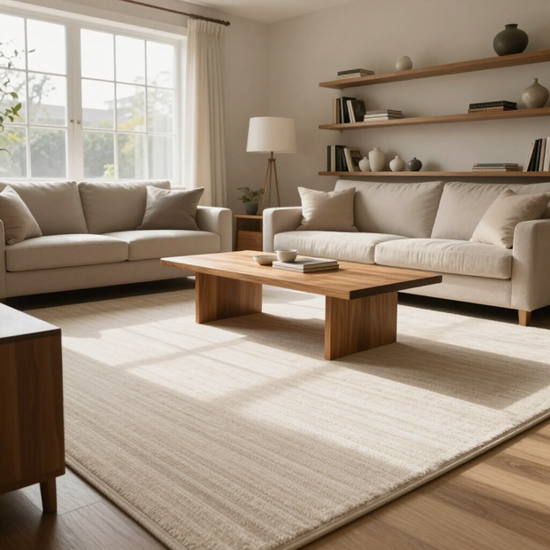 Bright living room with beige sofas, wooden coffee table, large window, and built-in shelves