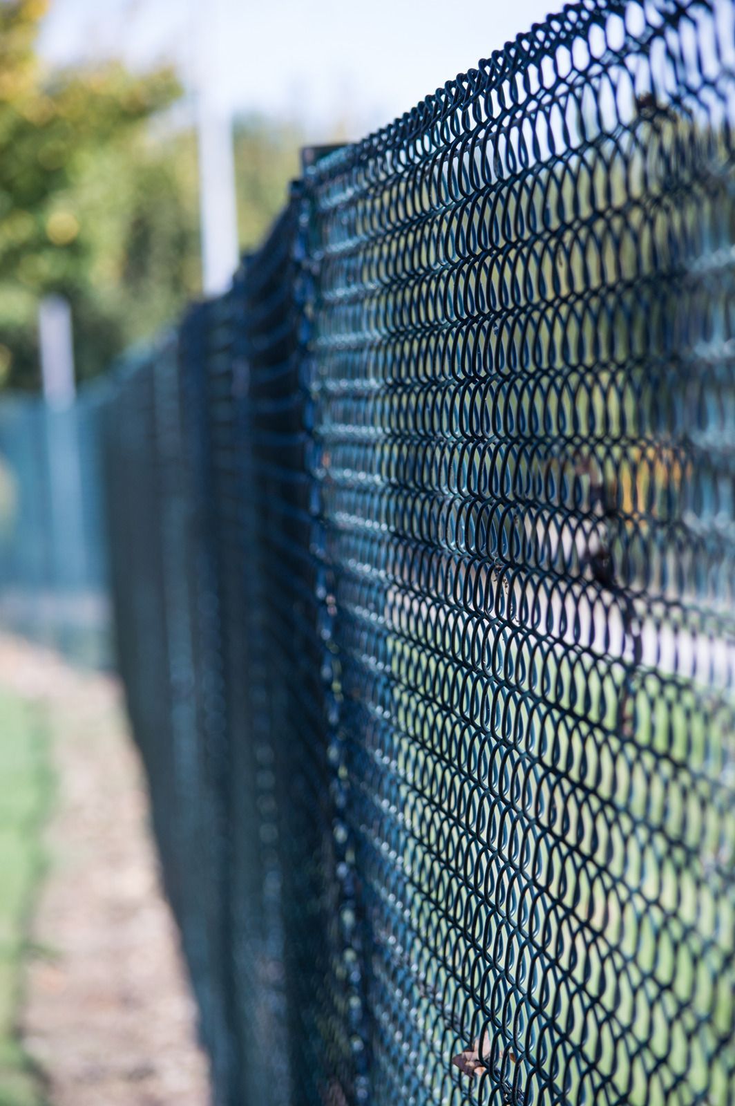 Dark mesh fence, perspective view, bordering a green space.