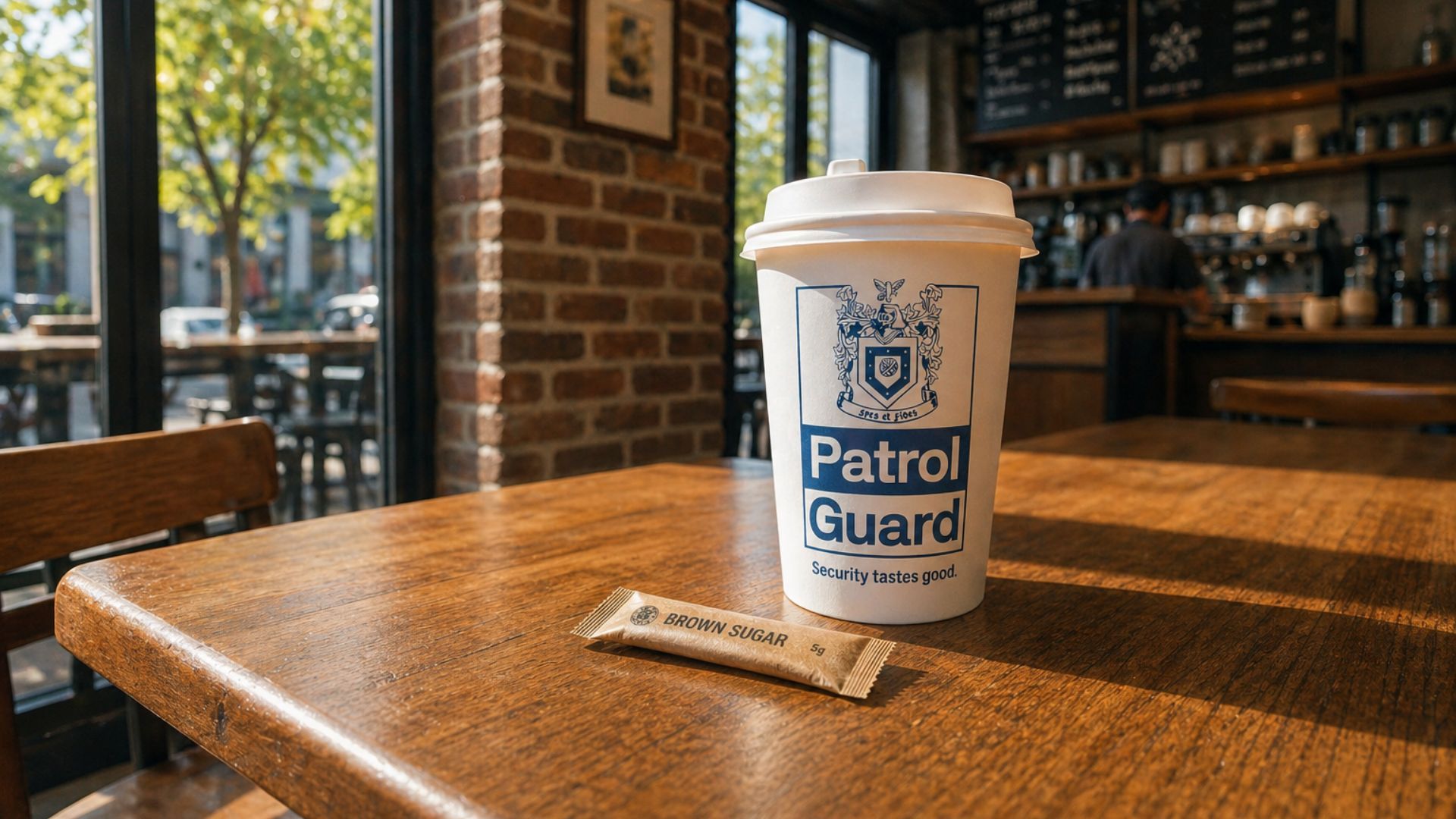 A takeaway coffee cup sitting on a wooden desk with the PatrolGuard branded logo and slogan saying ‘Security tastes good’.