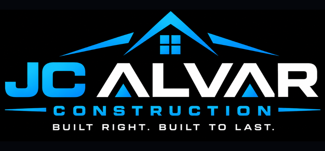 Blue "JC ALVAR CONSTRUCTION" logo with a roof icon and slogan text on a black background