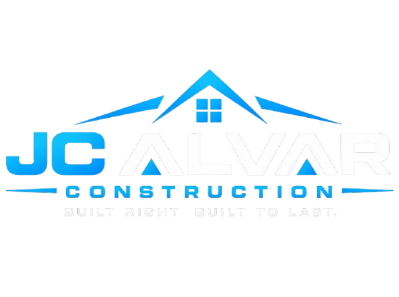Blue "JC ALVAR CONSTRUCTION" logo with a roof icon and slogan text on a black background