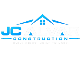 Blue "JC ALVAR CONSTRUCTION" logo with a roof icon and slogan text on a black background