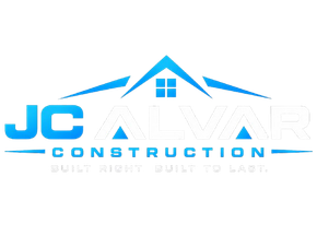Blue "JC ALVAR CONSTRUCTION" logo with a roof icon and slogan text on a black background