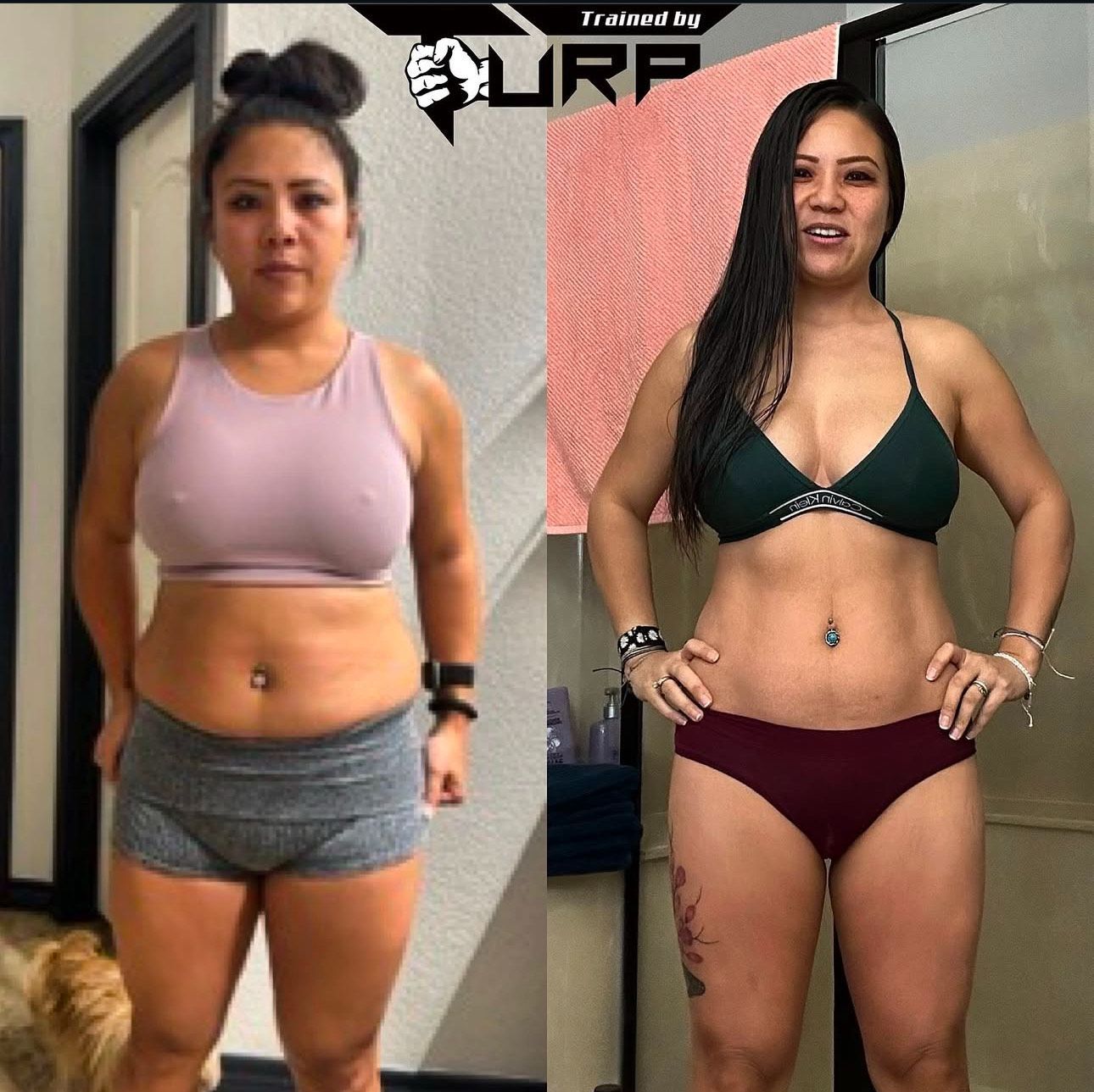 Side-by-side comparison. Woman in athletic wear before and after transformation. Lean physique, abs visible in after photo.