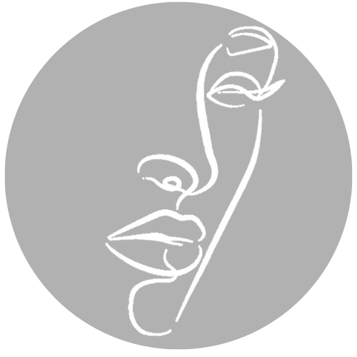 A line drawing of a woman 's face in a circle.