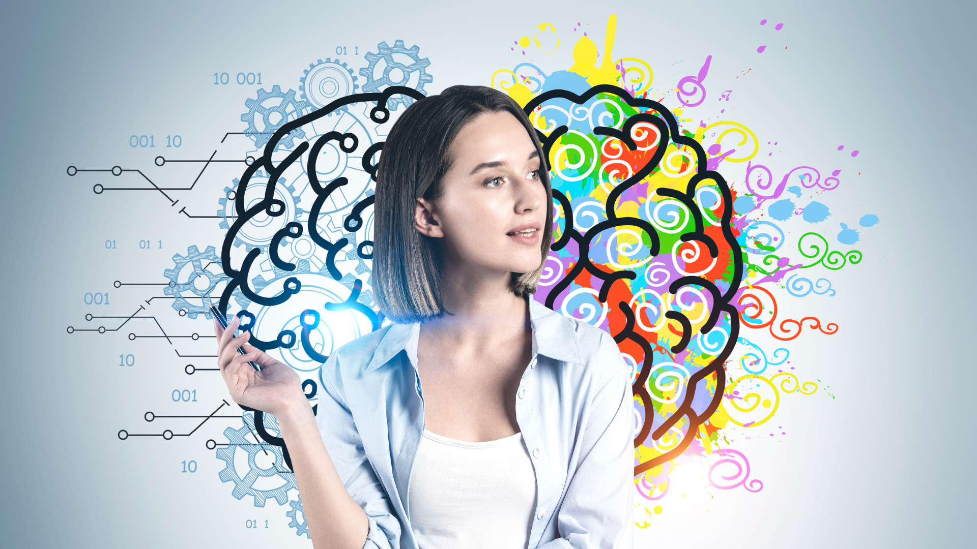Woman with brain graphic split in two, one side mechanical, other colorful.