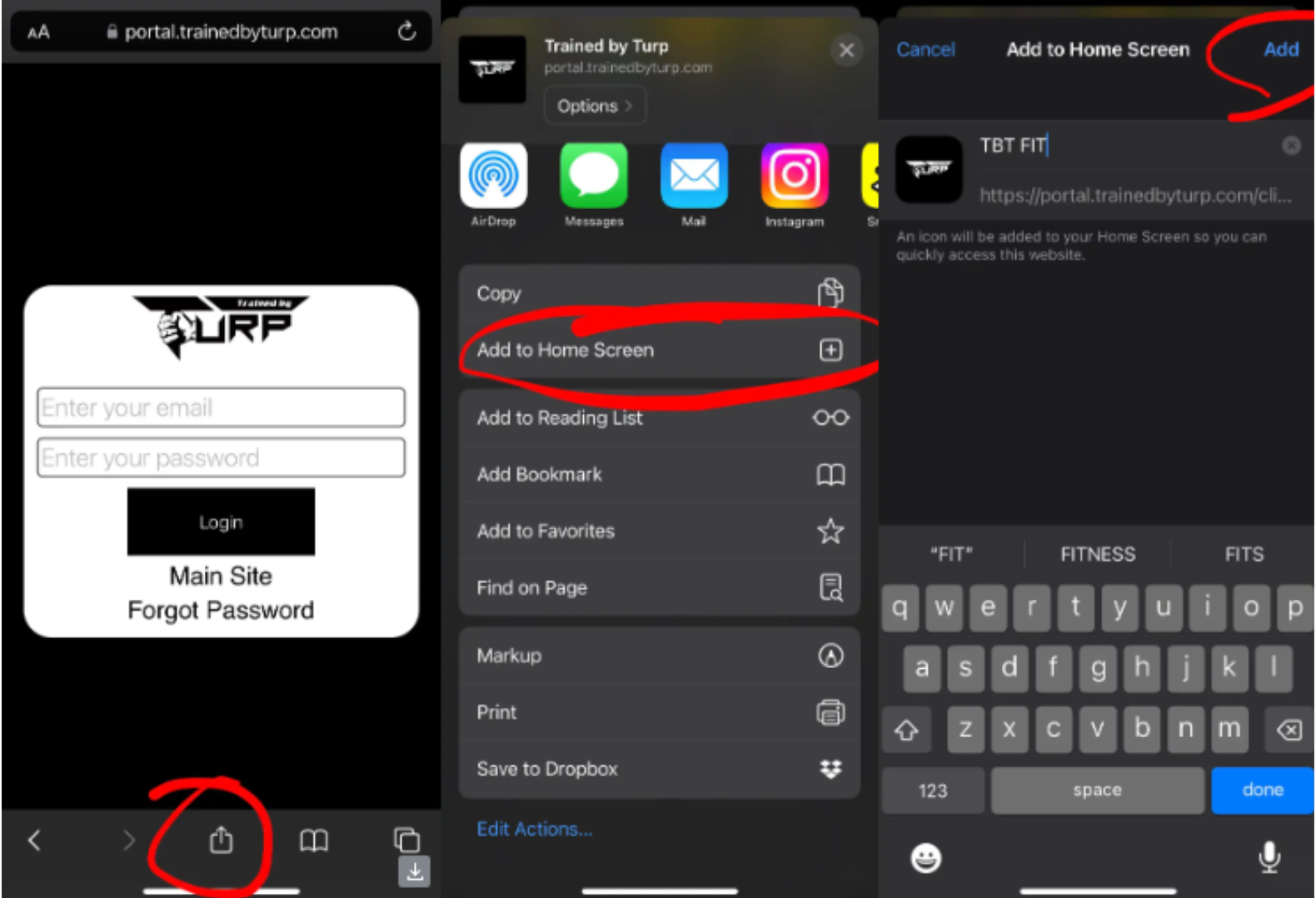 A user adds a website to their home screen on an iPhone, shown via screenshots.