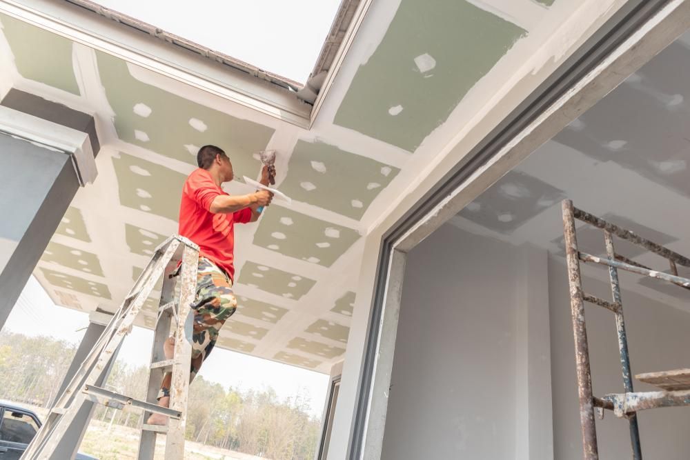 A Man Is Standing on A Ladder Painting a Ceiling — Mezcon Renovations & Maintenance in Bulleen, VIC