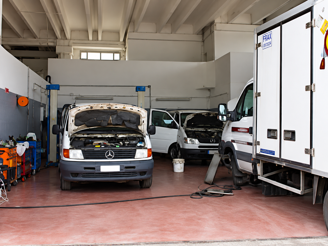 Veicoli in un garage: un furgone con il cofano aperto, in fase di manutenzione vicino a un camion cassonato.