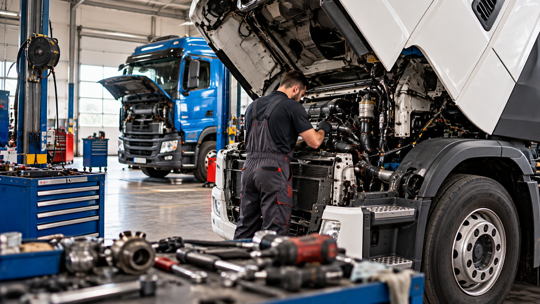 Meccanico al lavoro su un camion in un’officina, con degli attrezzi e un altro camion blu lì vicino