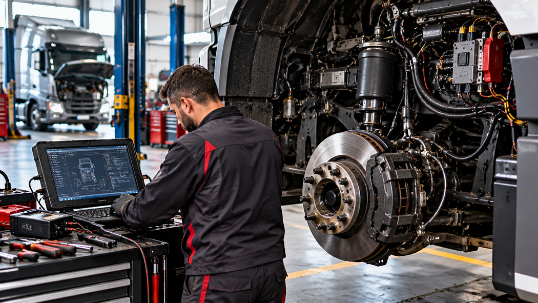 Meccanico con un laptop accanto a un grosso camion in un’officina meccanica