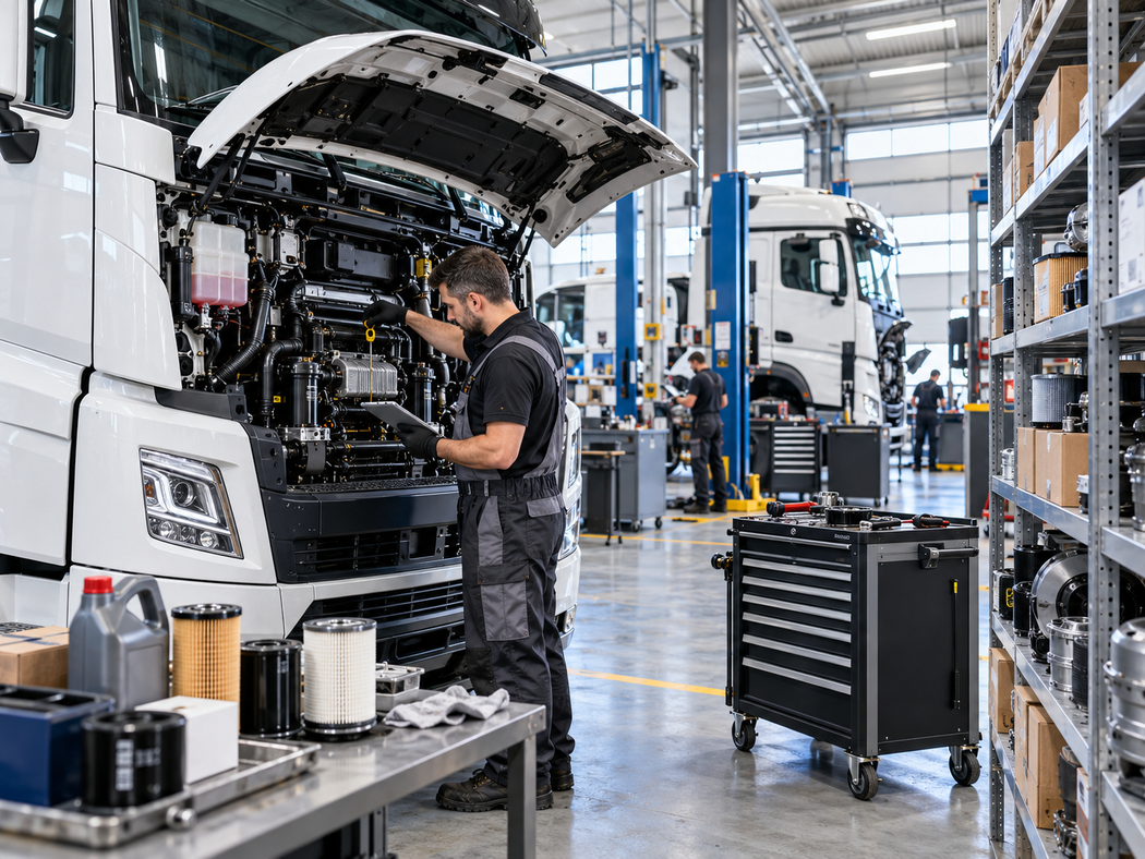 Un meccanico ispeziona un camion bianco in un’officina luminosa, con attrezzi e macchinari nelle vicinanze