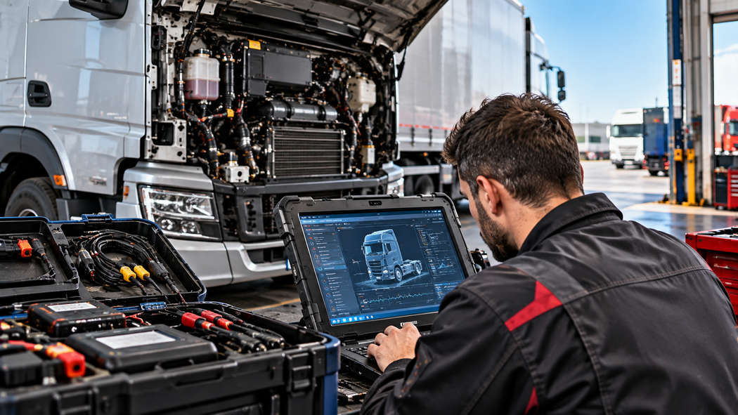 Meccanico usa un laptop per diagnosticare un camion in officina