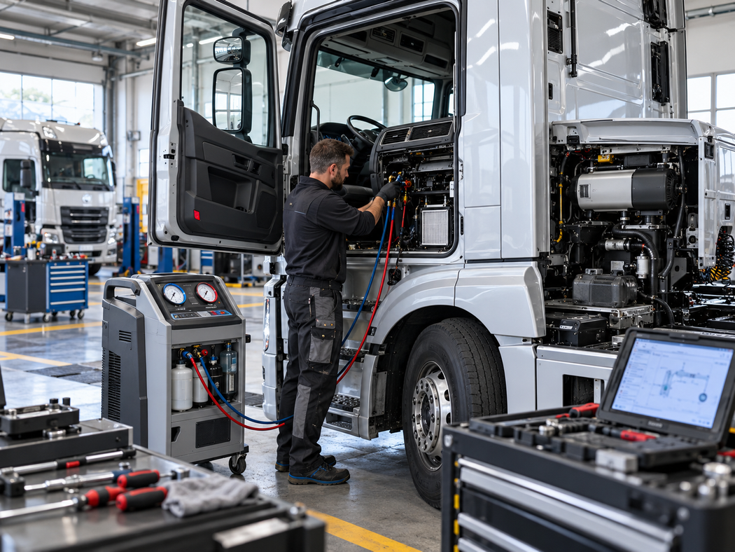 Tecnico che ispeziona il motore di un camion sulla linea di assemblaggio di una fabbrica, con attrezzature diagnostiche nelle vicinanze