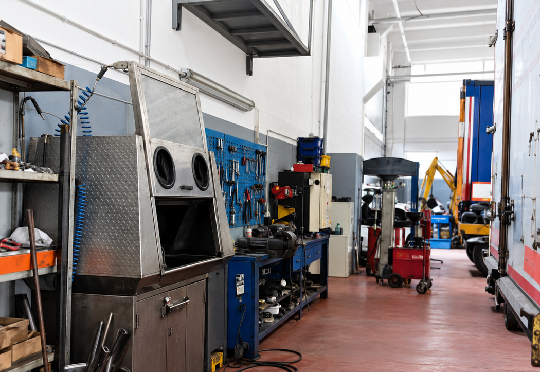 Corsia di un’officina industriale con macchinari, utensili e un cric rosso