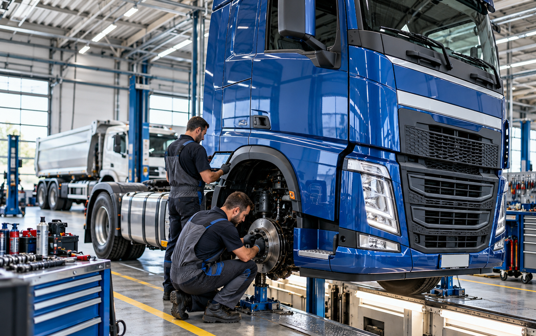 Meccanici che riparano un camion semirimorchio blu in un'officina luminosa