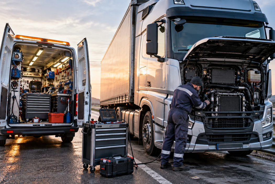 Un meccanico controlla il motore di un camion bianco accanto a un furgone di assistenza, all’alba, su una strada bagnata