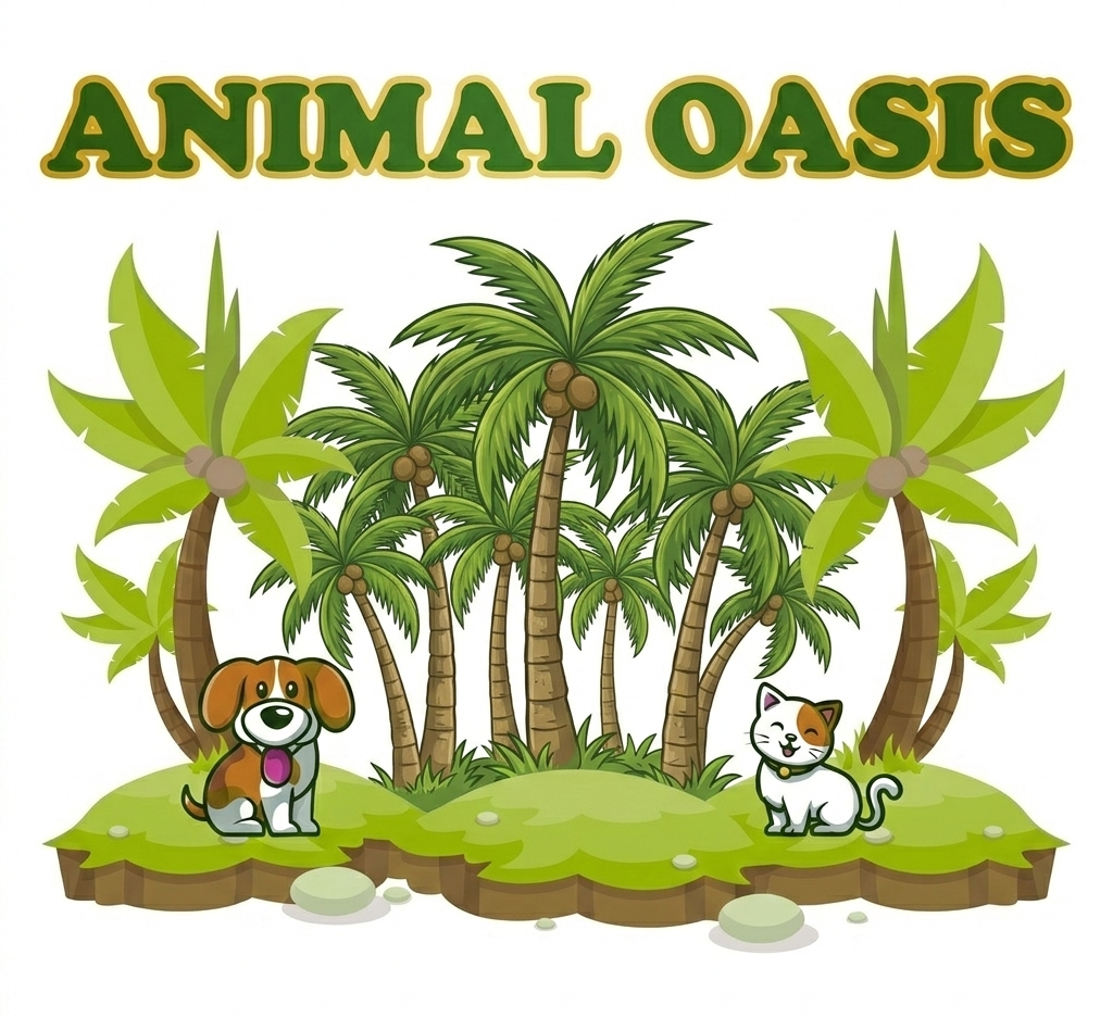 Logo per Animal Oasis. Cane e gatto su un'isola con palme sotto la scritta 