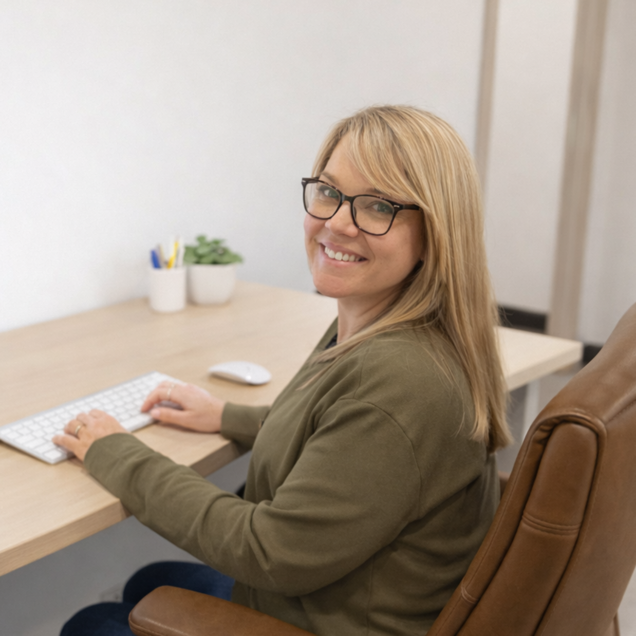 Woman with glasses smiles at the camera while typing at a desk with a keyboard.