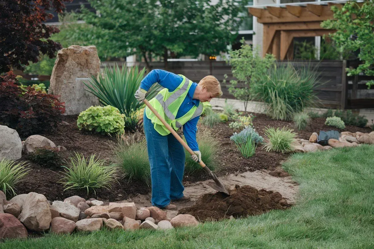 Gardener in blue shirt and yellow vest digging soil in a landscaped backyard garden