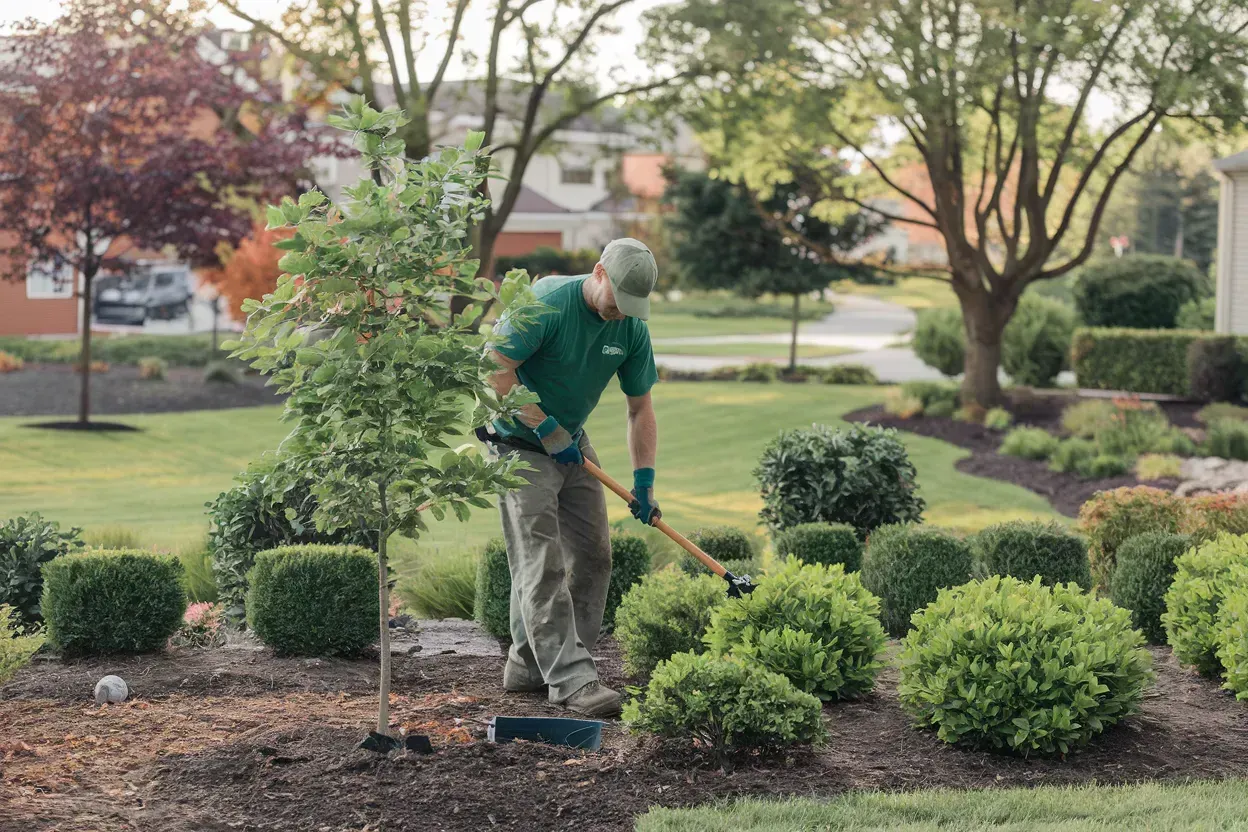 Gardener in green shirt tending shrubs in a landscaped park with trees and flower beds