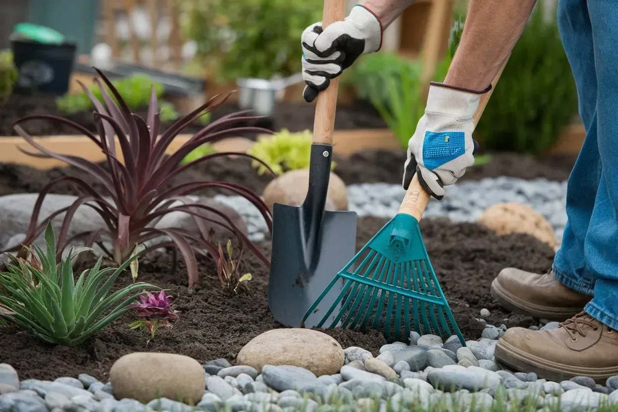 Person rakes gravel in a landscaped garden with rocks and plants.