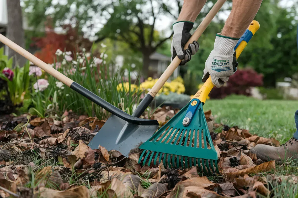Two gardeners raking dry leaves in a yard with a black shovel and green rake.