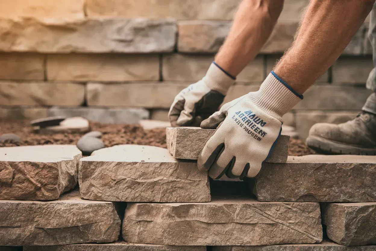 Gloved hands placing stacked stone blocks in a retaining wall during outdoor masonry work
