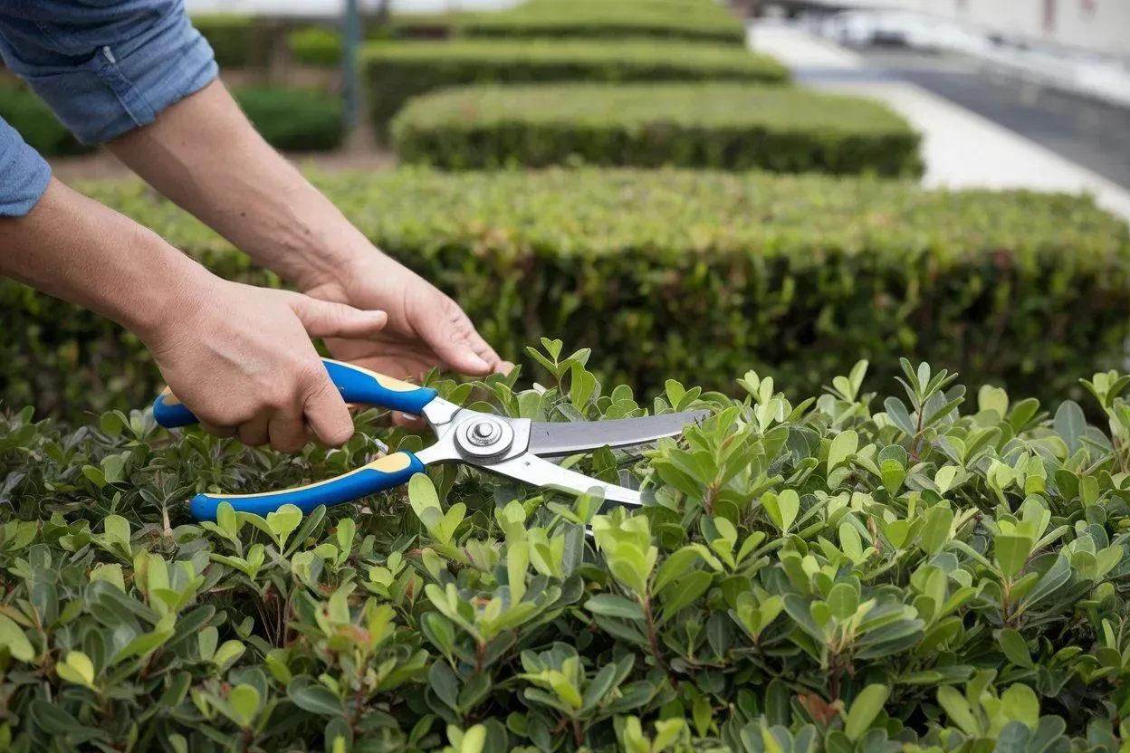 Hands using blue pruning shears to trim a green hedge in a garden.