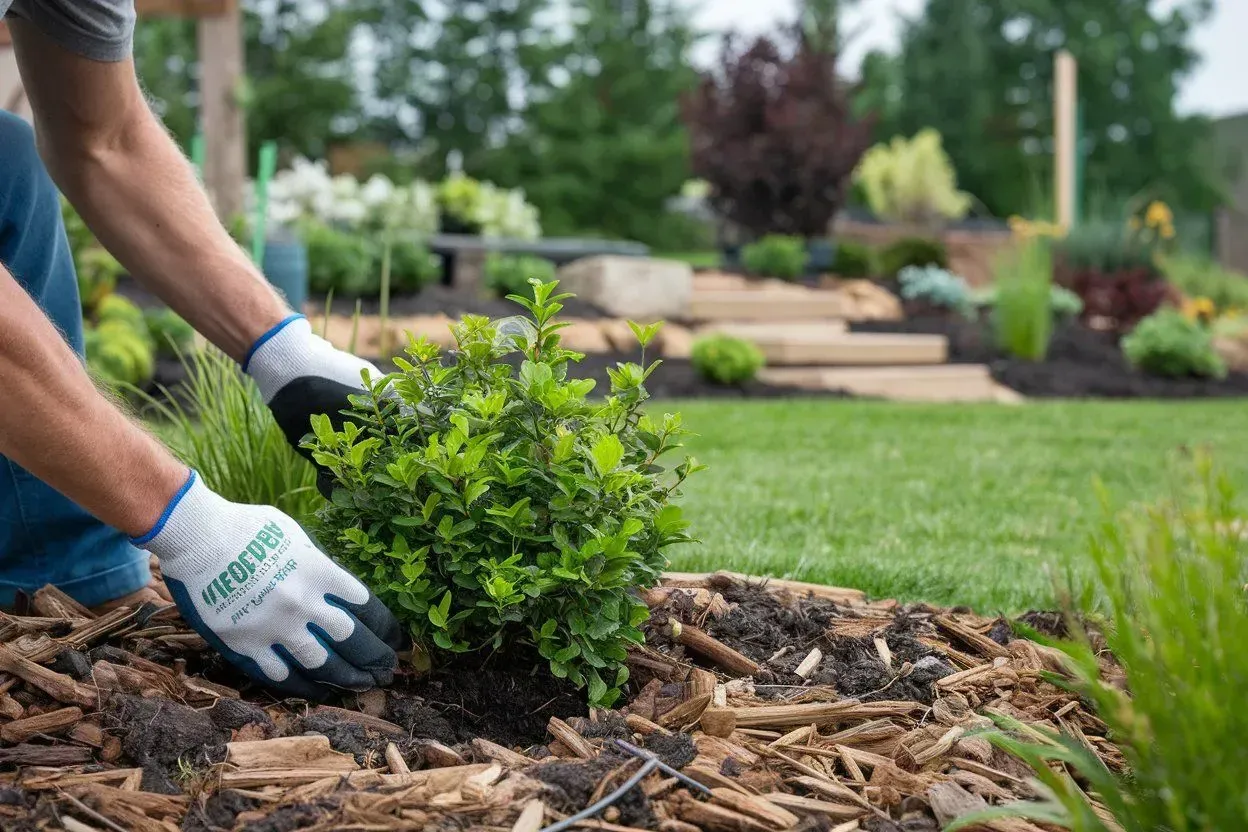 Gloved hands planting a small green shrub in a mulched garden bed