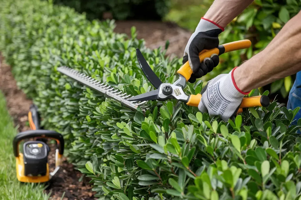 Hands trimming green hedges with electric hedge trimmer in a garden, with a small tool on the ground