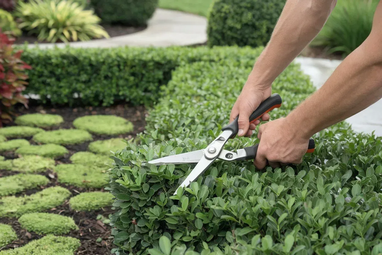 Person trimming a green hedge with garden shears in a landscaped yard