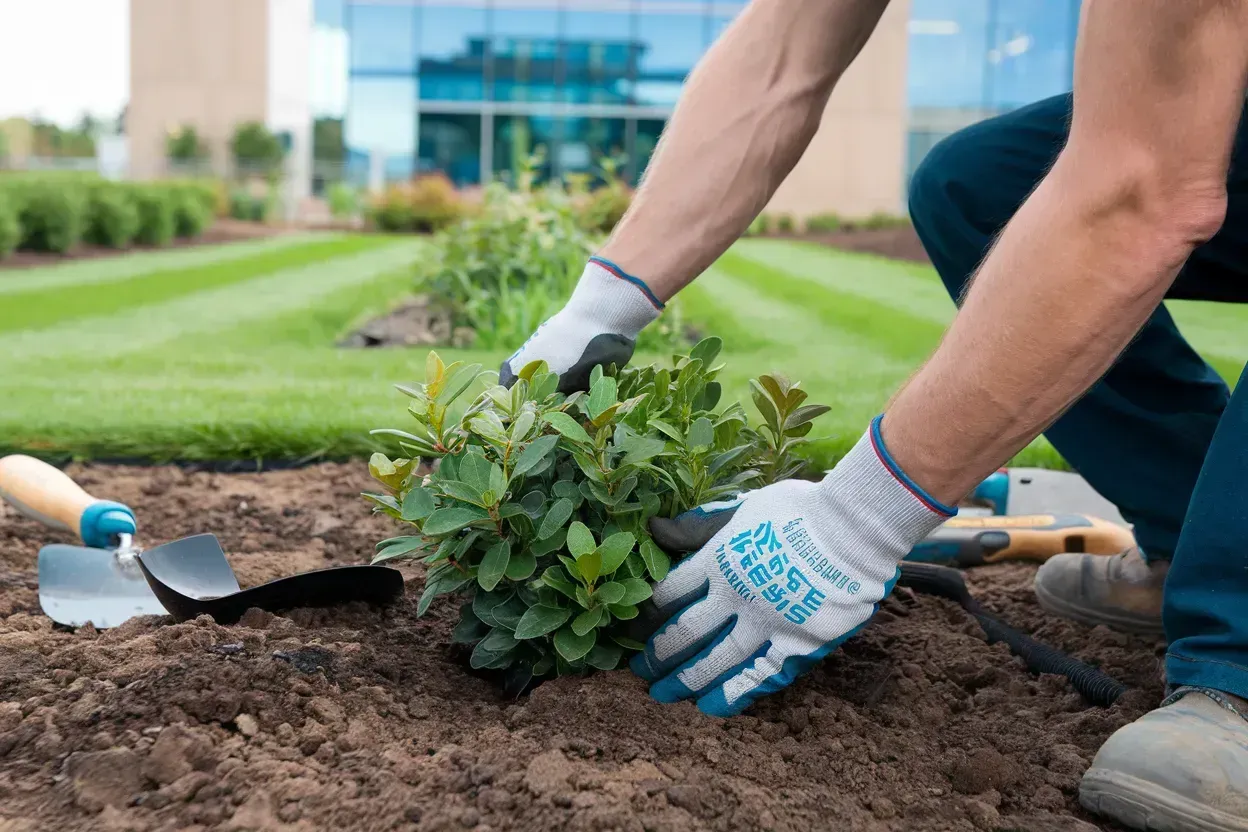 Gardener planting a shrub in fresh soil with gloves and a trowel in a landscaped yard