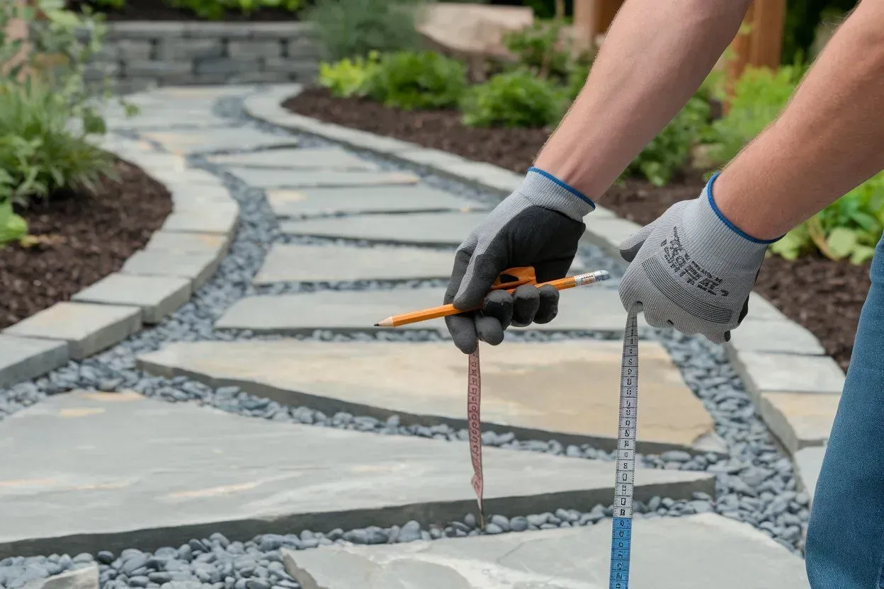 Gloved hands measuring a stone walkway with a tape measure in a landscaped garden
