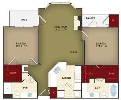 1 Bed 2 Bath floor plan