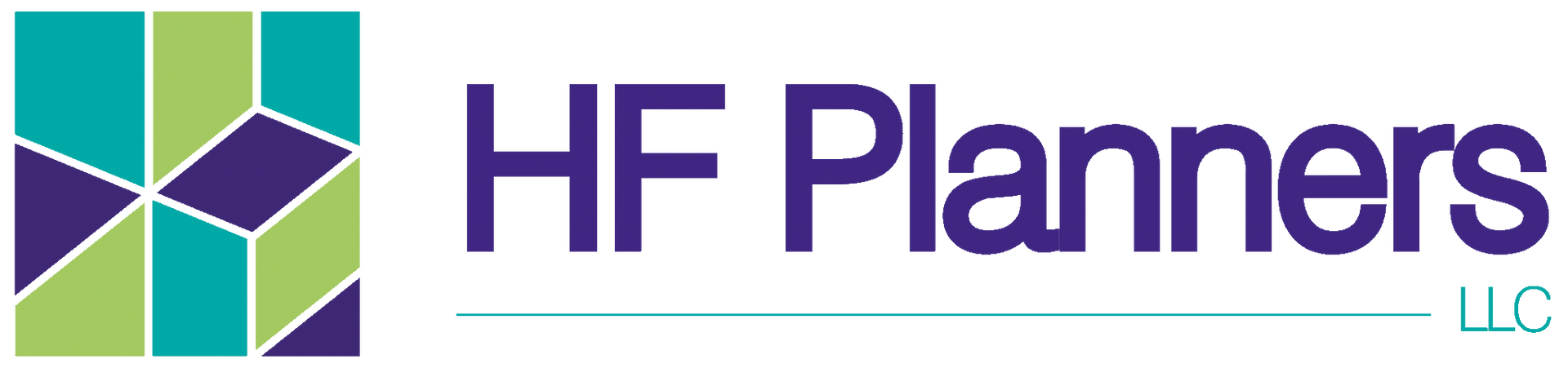 The logo for hf planners llc is blue and green
