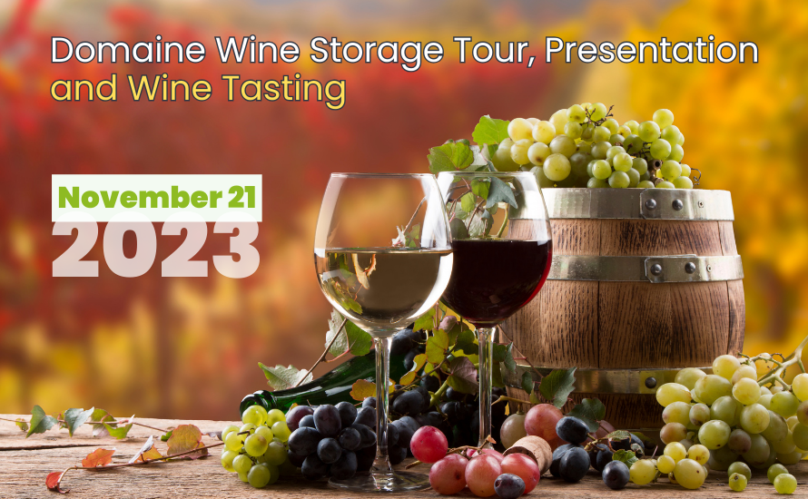 A poster for a wine storage tour , presentation and wine tasting.