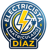 Logo circular azul de electricista matriculado con rayo, enchufe y nombre “DÍAZ” en amarillo.