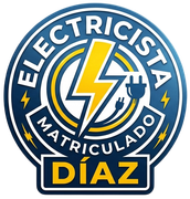 Logo circular azul de electricista matriculado “DÍAZ” con rayo y enchufe amarillo.