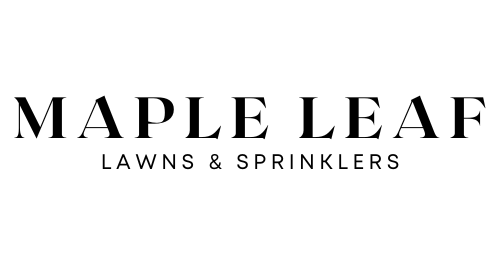 The logo for maple leaf lawns and sprinklers is black and white.