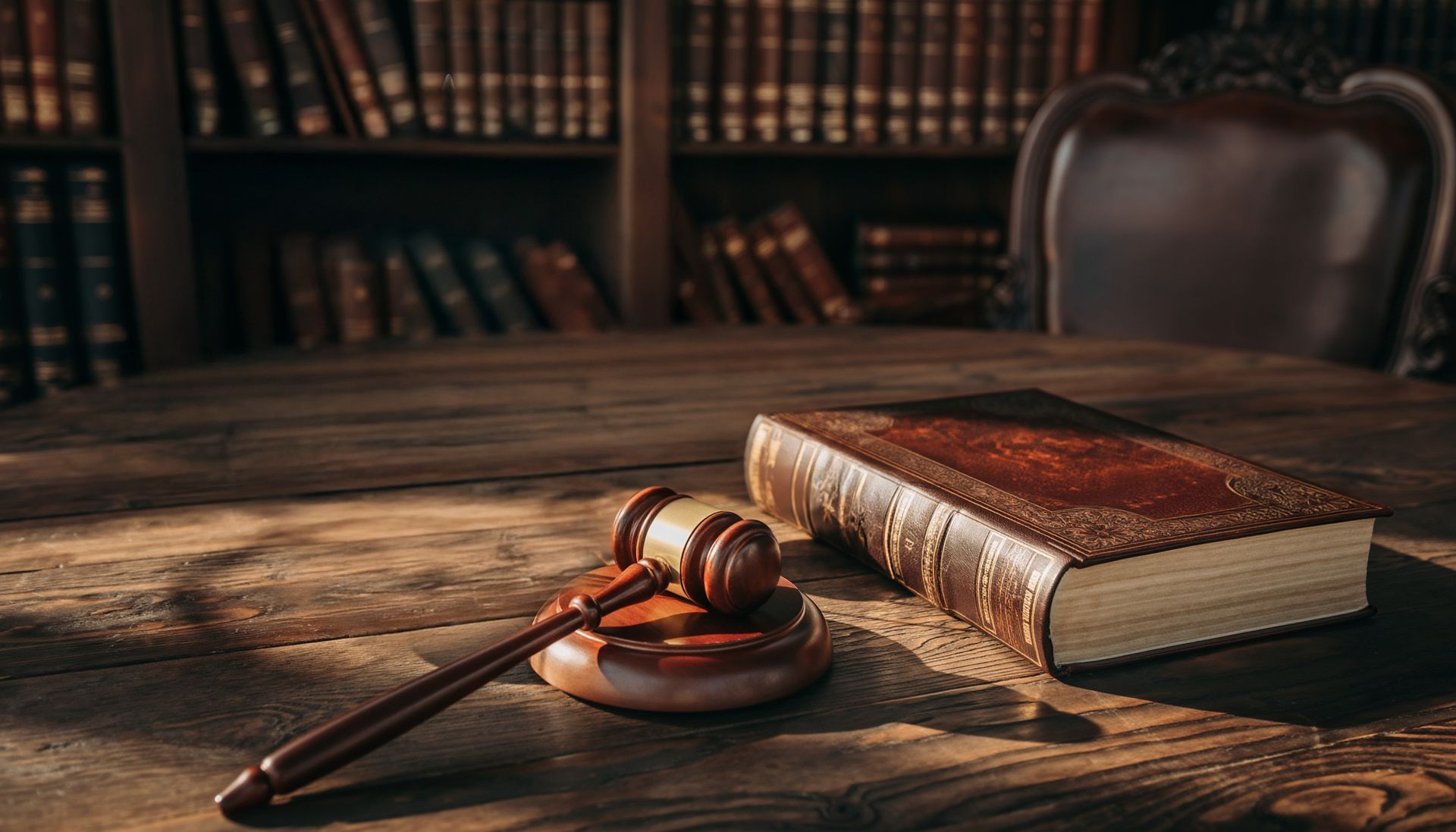 Law book and gavel on a wooden desk in a dimly lit library